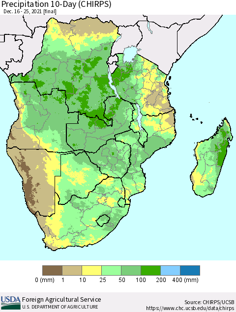 Southern Africa Precipitation 10-Day (CHIRPS) Thematic Map For 12/16/2021 - 12/25/2021
