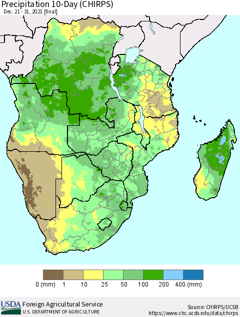 Southern Africa Precipitation 10-Day (CHIRPS) Thematic Map For 12/21/2021 - 12/31/2021