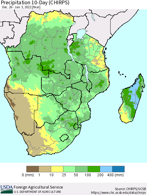 Southern Africa Precipitation 10-Day (CHIRPS) Thematic Map For 12/26/2021 - 1/5/2022