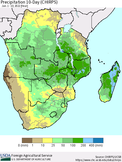 Southern Africa Precipitation 10-Day (CHIRPS) Thematic Map For 1/1/2022 - 1/10/2022