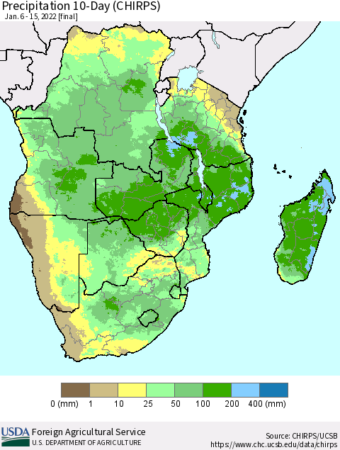 Southern Africa Precipitation 10-Day (CHIRPS) Thematic Map For 1/6/2022 - 1/15/2022