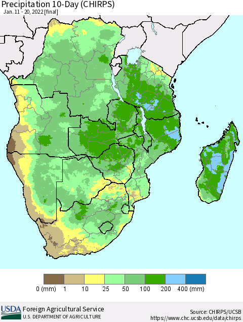 Southern Africa Precipitation 10-Day (CHIRPS) Thematic Map For 1/11/2022 - 1/20/2022