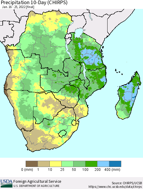 Southern Africa Precipitation 10-Day (CHIRPS) Thematic Map For 1/16/2022 - 1/25/2022