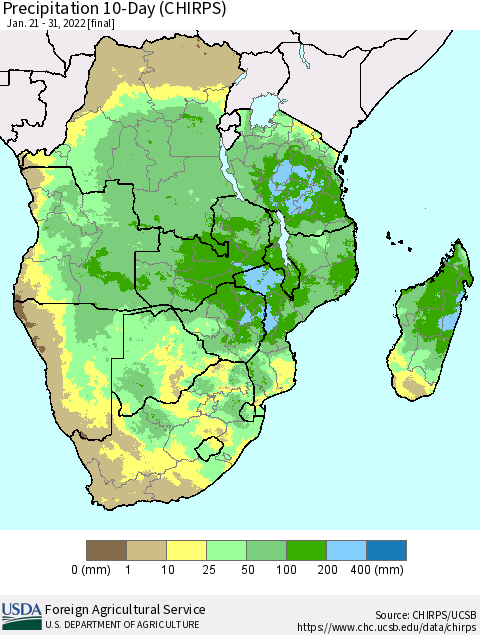 Southern Africa Precipitation 10-Day (CHIRPS) Thematic Map For 1/21/2022 - 1/31/2022