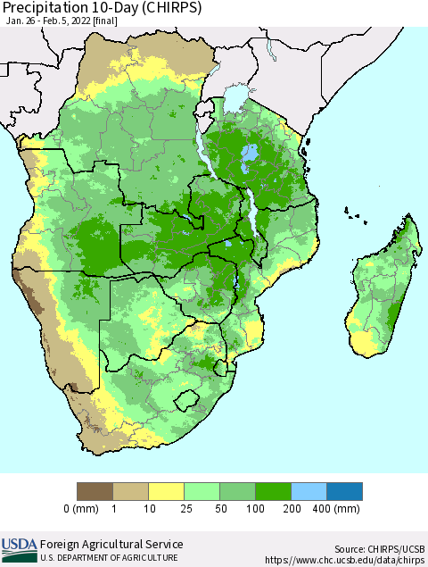 Southern Africa Precipitation 10-Day (CHIRPS) Thematic Map For 1/26/2022 - 2/5/2022