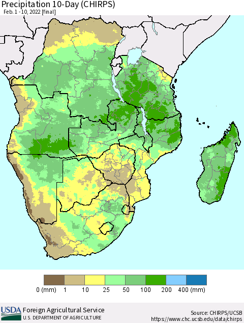 Southern Africa Precipitation 10-Day (CHIRPS) Thematic Map For 2/1/2022 - 2/10/2022