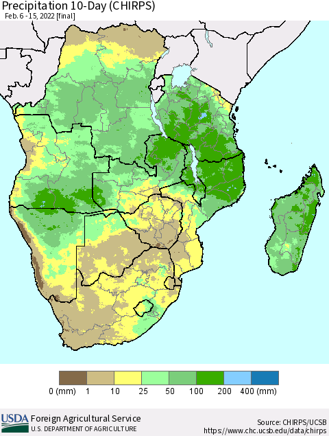Southern Africa Precipitation 10-Day (CHIRPS) Thematic Map For 2/6/2022 - 2/15/2022