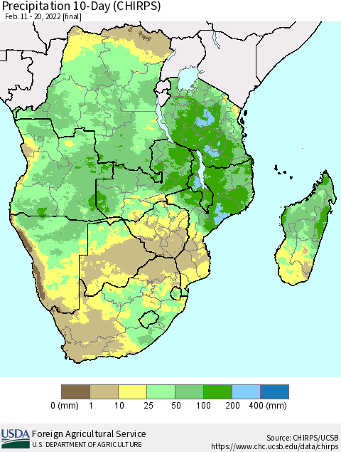 Southern Africa Precipitation 10-Day (CHIRPS) Thematic Map For 2/11/2022 - 2/20/2022
