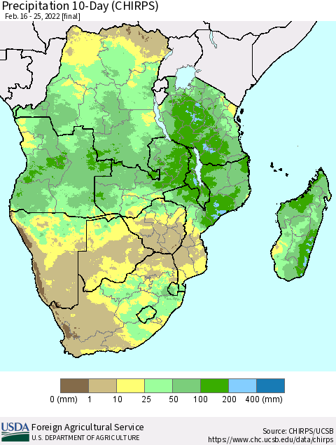 Southern Africa Precipitation 10-Day (CHIRPS) Thematic Map For 2/16/2022 - 2/25/2022