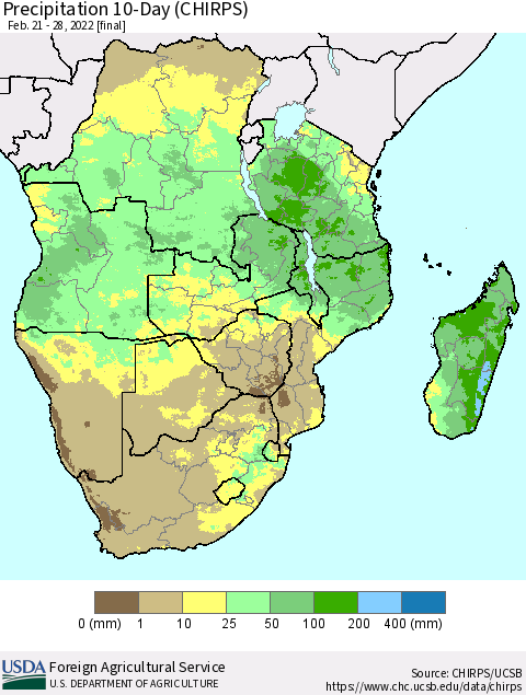 Southern Africa Precipitation 10-Day (CHIRPS) Thematic Map For 2/21/2022 - 2/28/2022
