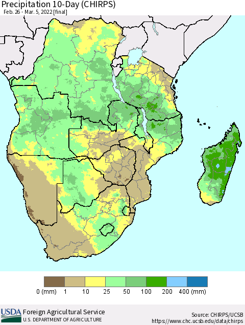 Southern Africa Precipitation 10-Day (CHIRPS) Thematic Map For 2/26/2022 - 3/5/2022
