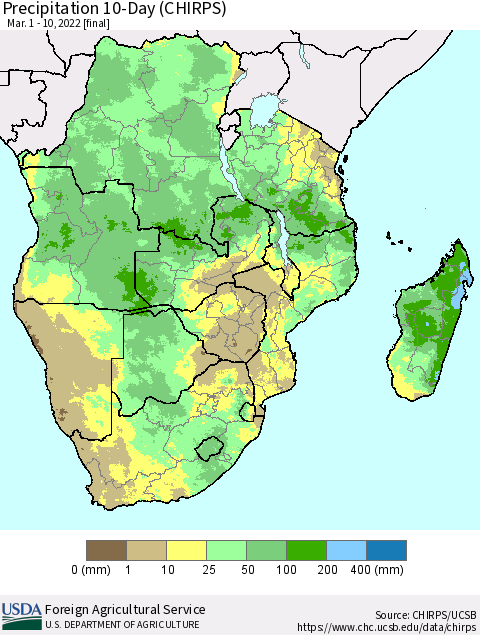 Southern Africa Precipitation 10-Day (CHIRPS) Thematic Map For 3/1/2022 - 3/10/2022