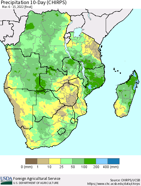Southern Africa Precipitation 10-Day (CHIRPS) Thematic Map For 3/6/2022 - 3/15/2022