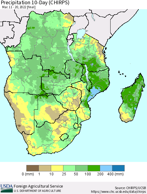 Southern Africa Precipitation 10-Day (CHIRPS) Thematic Map For 3/11/2022 - 3/20/2022