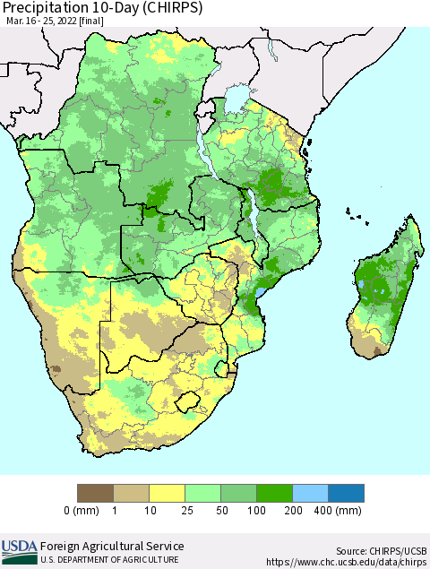 Southern Africa Precipitation 10-Day (CHIRPS) Thematic Map For 3/16/2022 - 3/25/2022