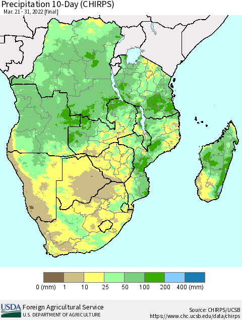 Southern Africa Precipitation 10-Day (CHIRPS) Thematic Map For 3/21/2022 - 3/31/2022