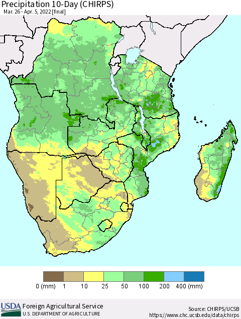 Southern Africa Precipitation 10-Day (CHIRPS) Thematic Map For 3/26/2022 - 4/5/2022