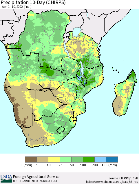 Southern Africa Precipitation 10-Day (CHIRPS) Thematic Map For 4/1/2022 - 4/10/2022