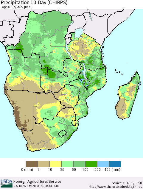 Southern Africa Precipitation 10-Day (CHIRPS) Thematic Map For 4/6/2022 - 4/15/2022