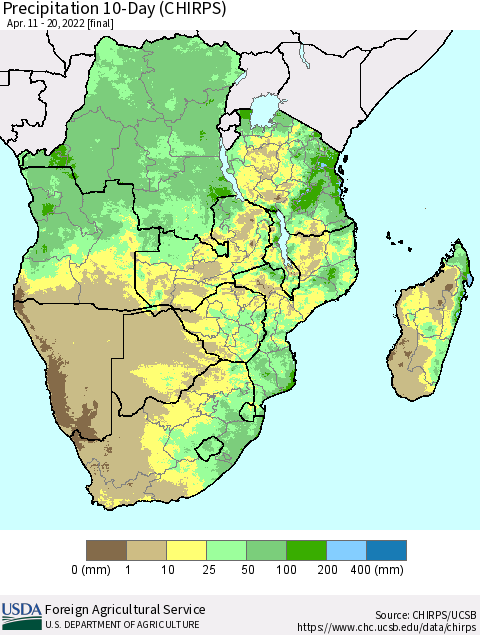 Southern Africa Precipitation 10-Day (CHIRPS) Thematic Map For 4/11/2022 - 4/20/2022