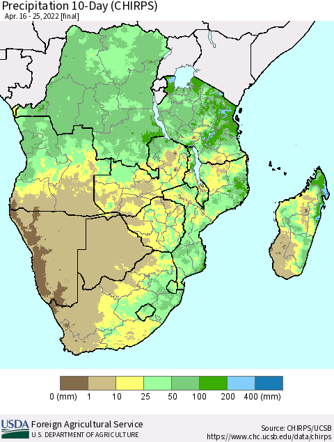 Southern Africa Precipitation 10-Day (CHIRPS) Thematic Map For 4/16/2022 - 4/25/2022