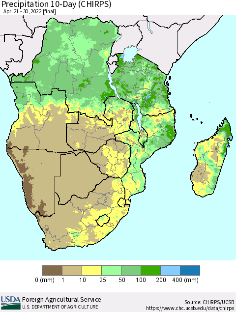 Southern Africa Precipitation 10-Day (CHIRPS) Thematic Map For 4/21/2022 - 4/30/2022