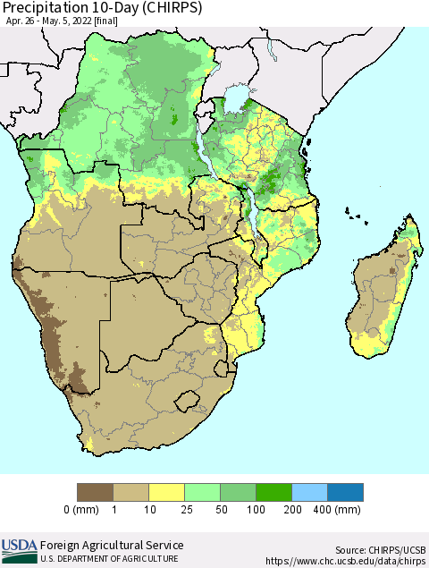 Southern Africa Precipitation 10-Day (CHIRPS) Thematic Map For 4/26/2022 - 5/5/2022