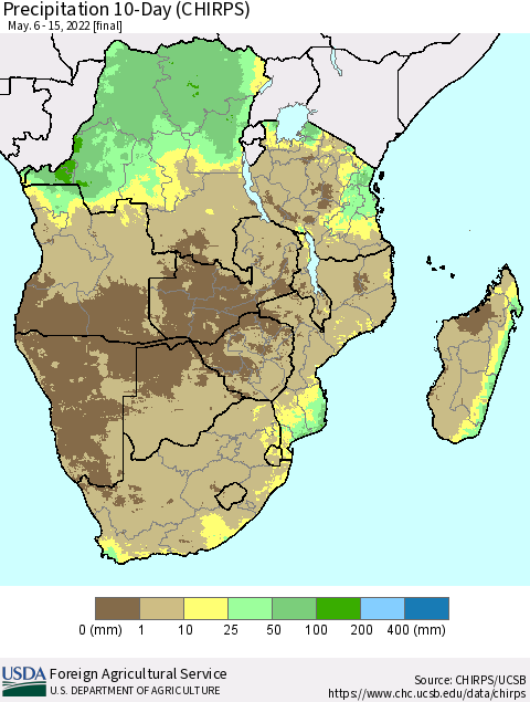 Southern Africa Precipitation 10-Day (CHIRPS) Thematic Map For 5/6/2022 - 5/15/2022