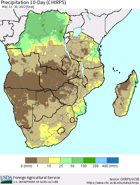 Southern Africa Precipitation 10-Day (CHIRPS) Thematic Map For 5/11/2022 - 5/20/2022