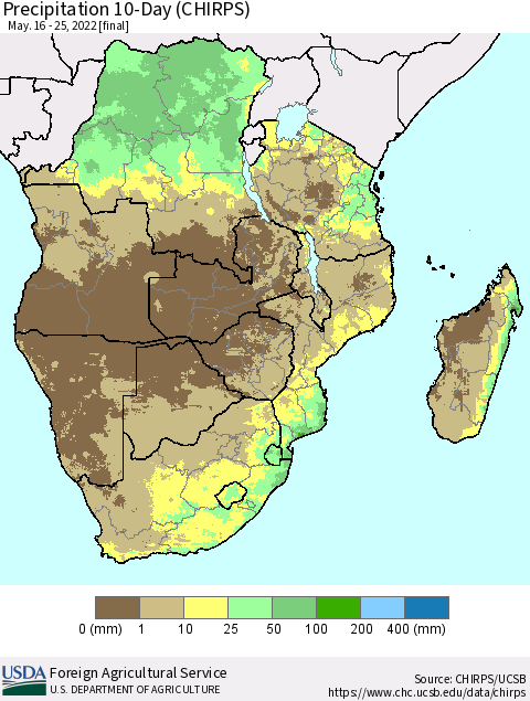Southern Africa Precipitation 10-Day (CHIRPS) Thematic Map For 5/16/2022 - 5/25/2022