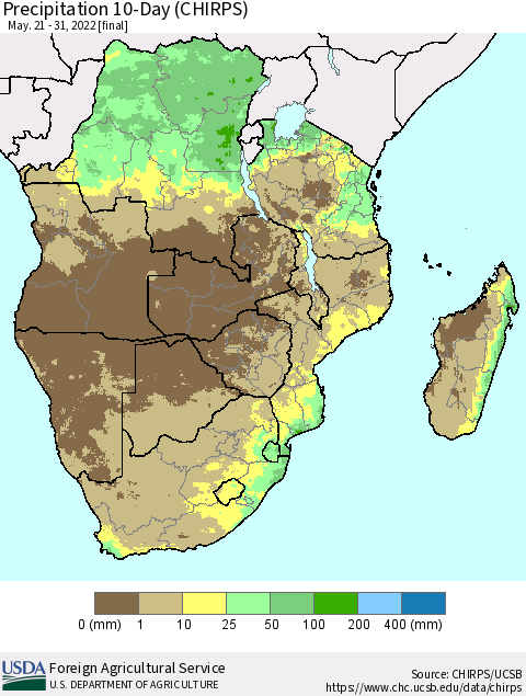 Southern Africa Precipitation 10-Day (CHIRPS) Thematic Map For 5/21/2022 - 5/31/2022