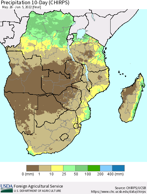 Southern Africa Precipitation 10-Day (CHIRPS) Thematic Map For 5/26/2022 - 6/5/2022
