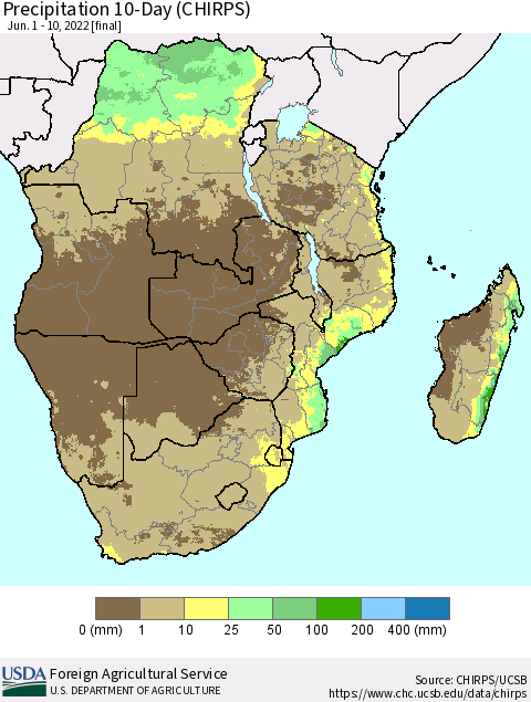 Southern Africa Precipitation 10-Day (CHIRPS) Thematic Map For 6/1/2022 - 6/10/2022