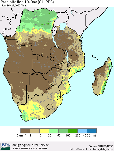 Southern Africa Precipitation 10-Day (CHIRPS) Thematic Map For 6/16/2022 - 6/25/2022