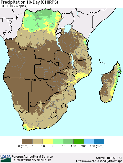 Southern Africa Precipitation 10-Day (CHIRPS) Thematic Map For 7/1/2022 - 7/10/2022