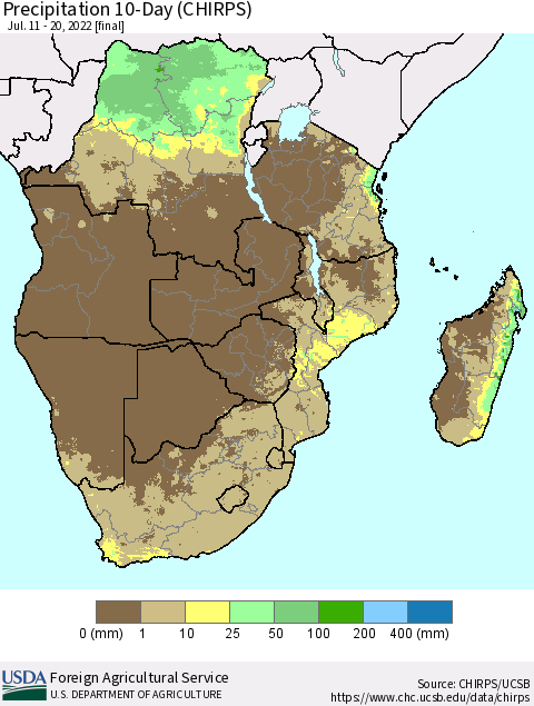 Southern Africa Precipitation 10-Day (CHIRPS) Thematic Map For 7/11/2022 - 7/20/2022