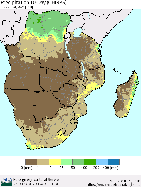Southern Africa Precipitation 10-Day (CHIRPS) Thematic Map For 7/21/2022 - 7/31/2022