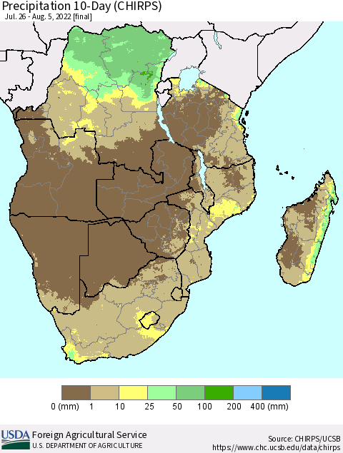 Southern Africa Precipitation 10-Day (CHIRPS) Thematic Map For 7/26/2022 - 8/5/2022