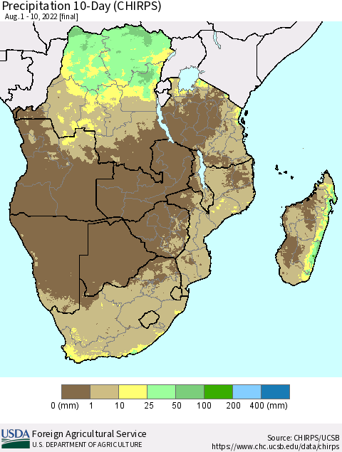 Southern Africa Precipitation 10-Day (CHIRPS) Thematic Map For 8/1/2022 - 8/10/2022