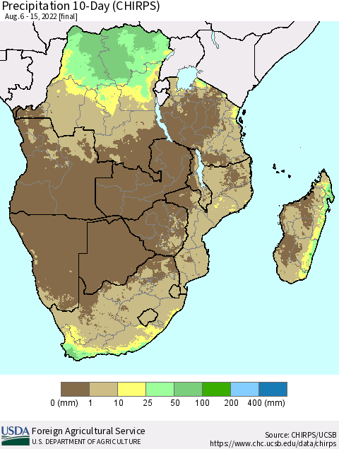 Southern Africa Precipitation 10-Day (CHIRPS) Thematic Map For 8/6/2022 - 8/15/2022