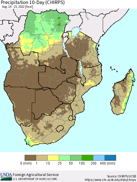 Southern Africa Precipitation 10-Day (CHIRPS) Thematic Map For 8/16/2022 - 8/25/2022