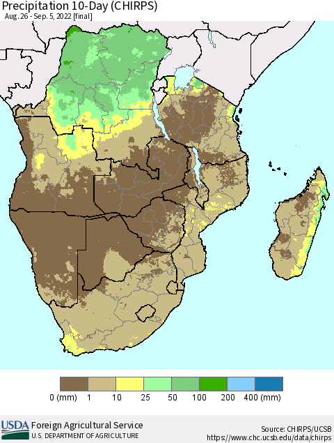 Southern Africa Precipitation 10-Day (CHIRPS) Thematic Map For 8/26/2022 - 9/5/2022