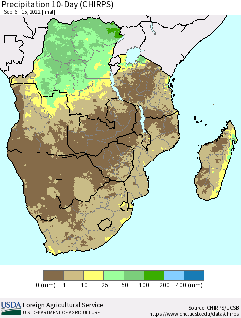 Southern Africa Precipitation 10-Day (CHIRPS) Thematic Map For 9/6/2022 - 9/15/2022