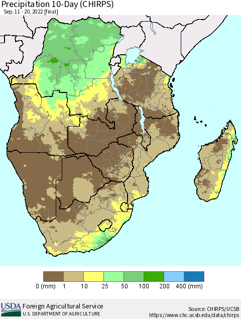 Southern Africa Precipitation 10-Day (CHIRPS) Thematic Map For 9/11/2022 - 9/20/2022