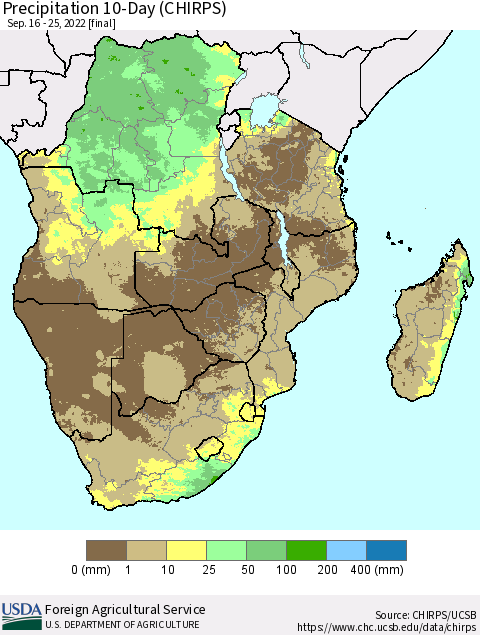 Southern Africa Precipitation 10-Day (CHIRPS) Thematic Map For 9/16/2022 - 9/25/2022