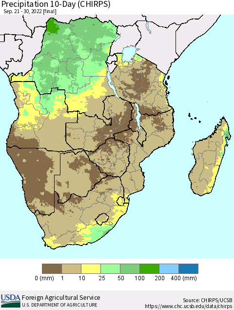 Southern Africa Precipitation 10-Day (CHIRPS) Thematic Map For 9/21/2022 - 9/30/2022