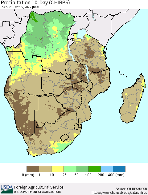 Southern Africa Precipitation 10-Day (CHIRPS) Thematic Map For 9/26/2022 - 10/5/2022