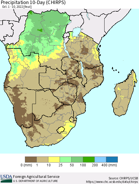 Southern Africa Precipitation 10-Day (CHIRPS) Thematic Map For 10/1/2022 - 10/10/2022