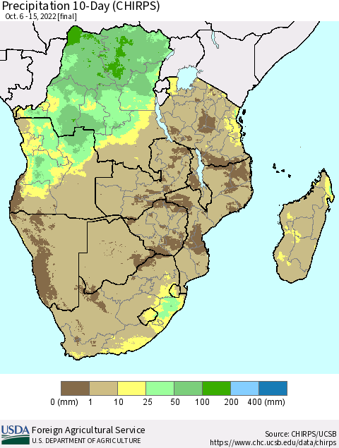 Southern Africa Precipitation 10-Day (CHIRPS) Thematic Map For 10/6/2022 - 10/15/2022
