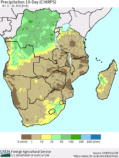 Southern Africa Precipitation 10-Day (CHIRPS) Thematic Map For 10/11/2022 - 10/20/2022